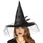 Boszorkány kalap, süveg, sapka fátyollal, tollal, Halloween -re 