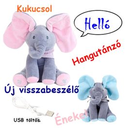   ÚJ! Interaktív, visszabeszélő, hangutánzó, éneklő, zenélő,  kukucs elefánt USB-vel 