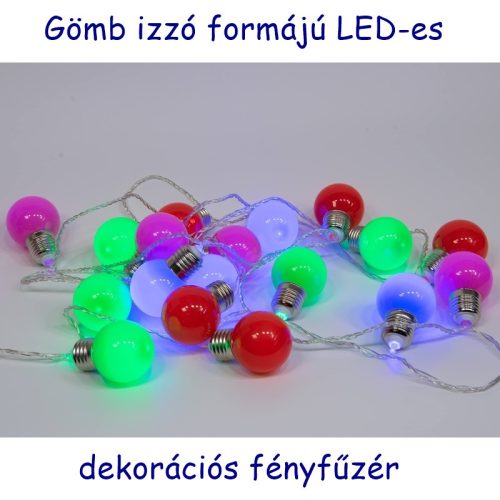 Színes, gömb izzó formájú LED fényfüzér, 20 izzóval