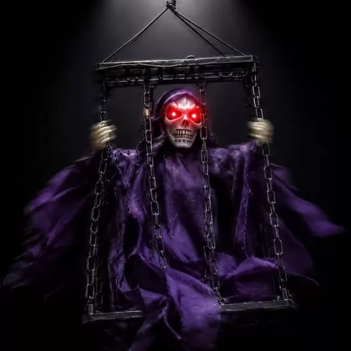 Lógó, láncos kalitkába zárt, LED-es hangot adó animált Halloween-dekoráció csontváz