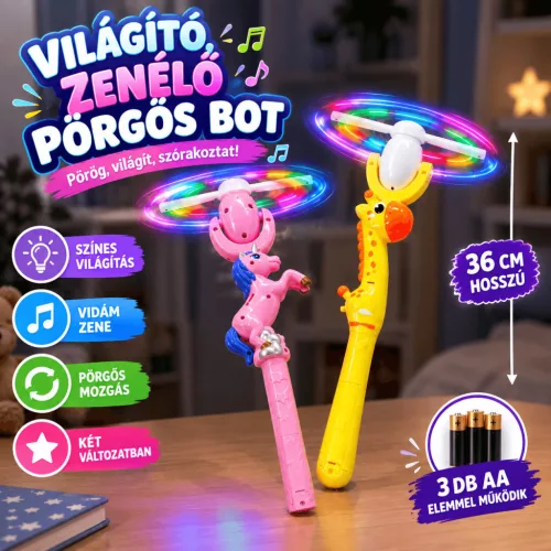 Forgó zenélő világító LED bot, varázspálca unikornis, zsiráf 