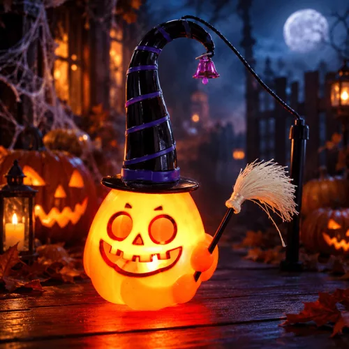 Halloween boszorkánykalapos világító és kacagó töklámpás tartónyéllel