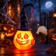 Halloween boszorkánykalapos világító és kacagó töklámpás tartónyéllel