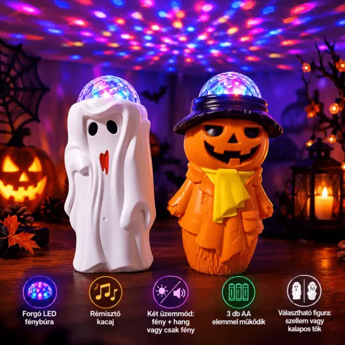 Halloween LED-es világító és kacagó figurák forgó fényekkel