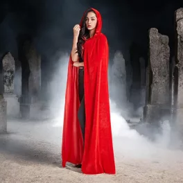   Elegáns, piros, kapucnis bársony köpeny, felnőtt méret 140cm, Halloween jelmez