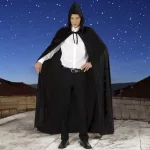 Elegáns, fekete, kapucnis bársony köpeny, felnőtt méret 140cm, Halloween jelmez